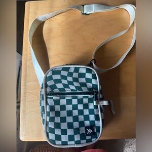 Green Checkered Crossbody Bag with White Strap
